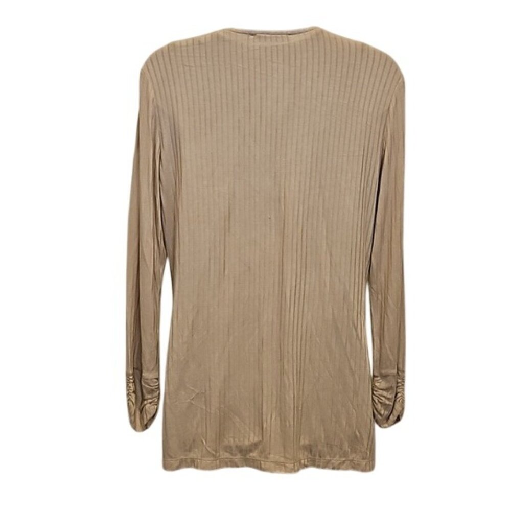 Doe & Rae Cardigan Size Small New Ribbed Tan Ruched Office Layering Stretch - Picture 6 of 10
